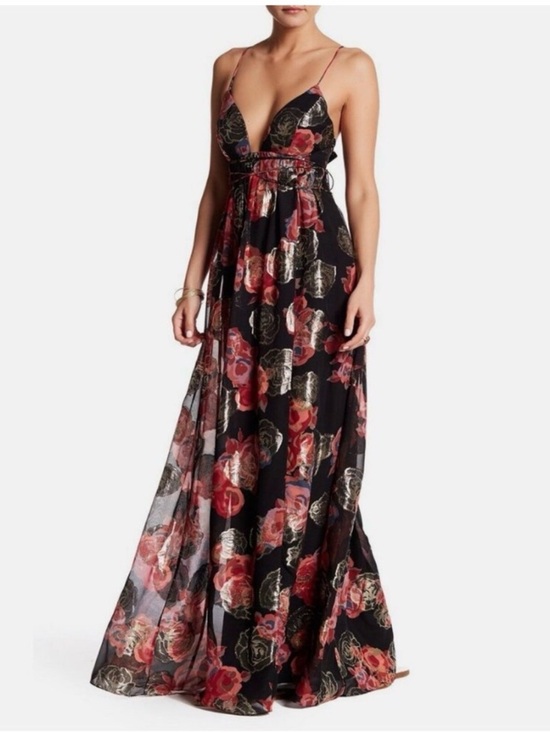 Free People Dresses & Skirts - Free People “Shadows Silk Gown” – Black Floral Maxi Dress | Size 2 🌹✨